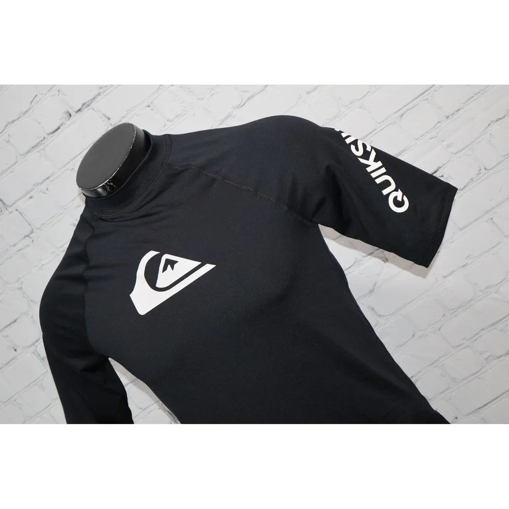 Quiksilver Rash Guard Men Large Black Short Sleeve Logo Surf Swim Shirt